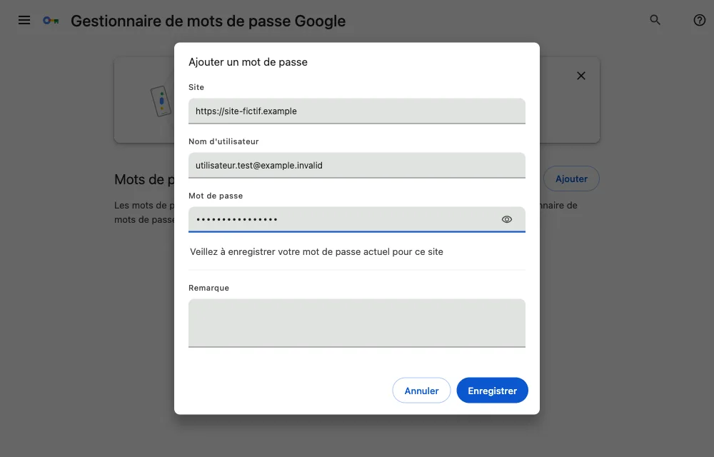 Boîte de dialogue « Ajouter un mot de passe » du gestionnaire de Chrome, avec les champs Site, Nom d'utilisateur, Mot de passe (masqué par des points) et Remarque, et les boutons Annuler et Enregistrer.