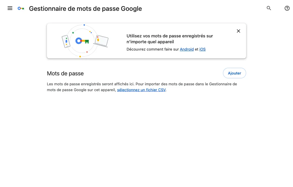 Page « Gestionnaire de mots de passe Google » de Chrome sur un profil vierge : la section Mots de passe est vide, avec un bouton Ajouter et un lien « sélectionnez un fichier CSV » pour importer.